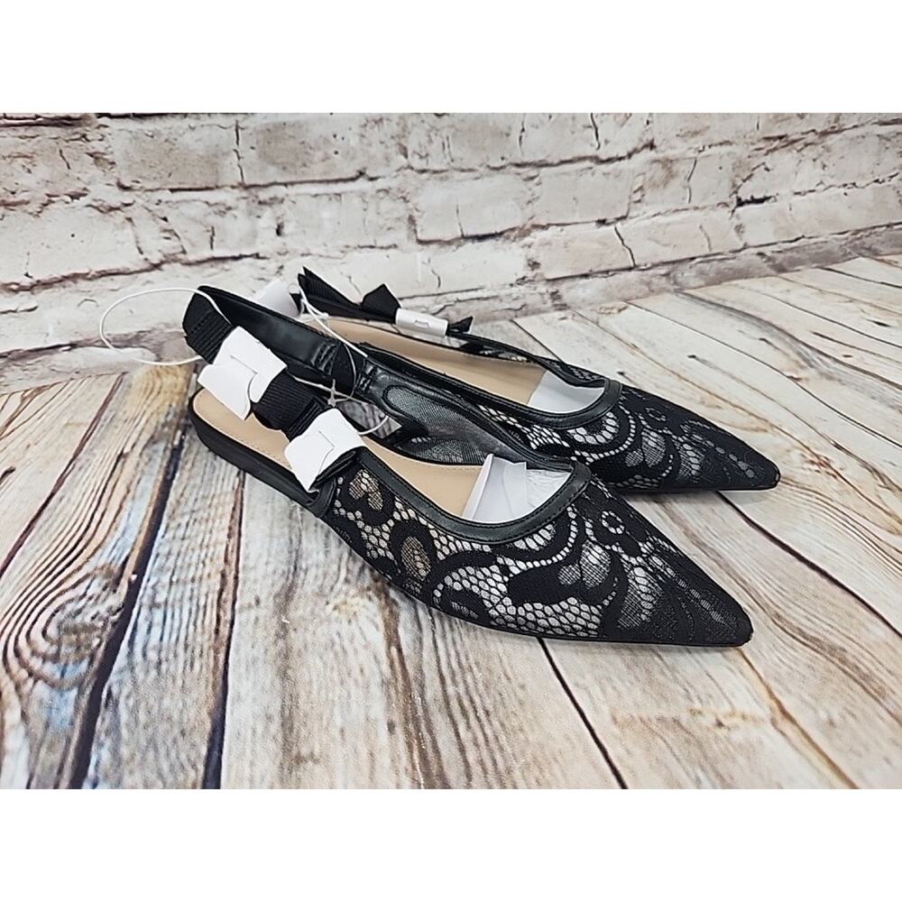 A New Day Women's London Lace Sling Back Bow Flats Black [A16] Size 6